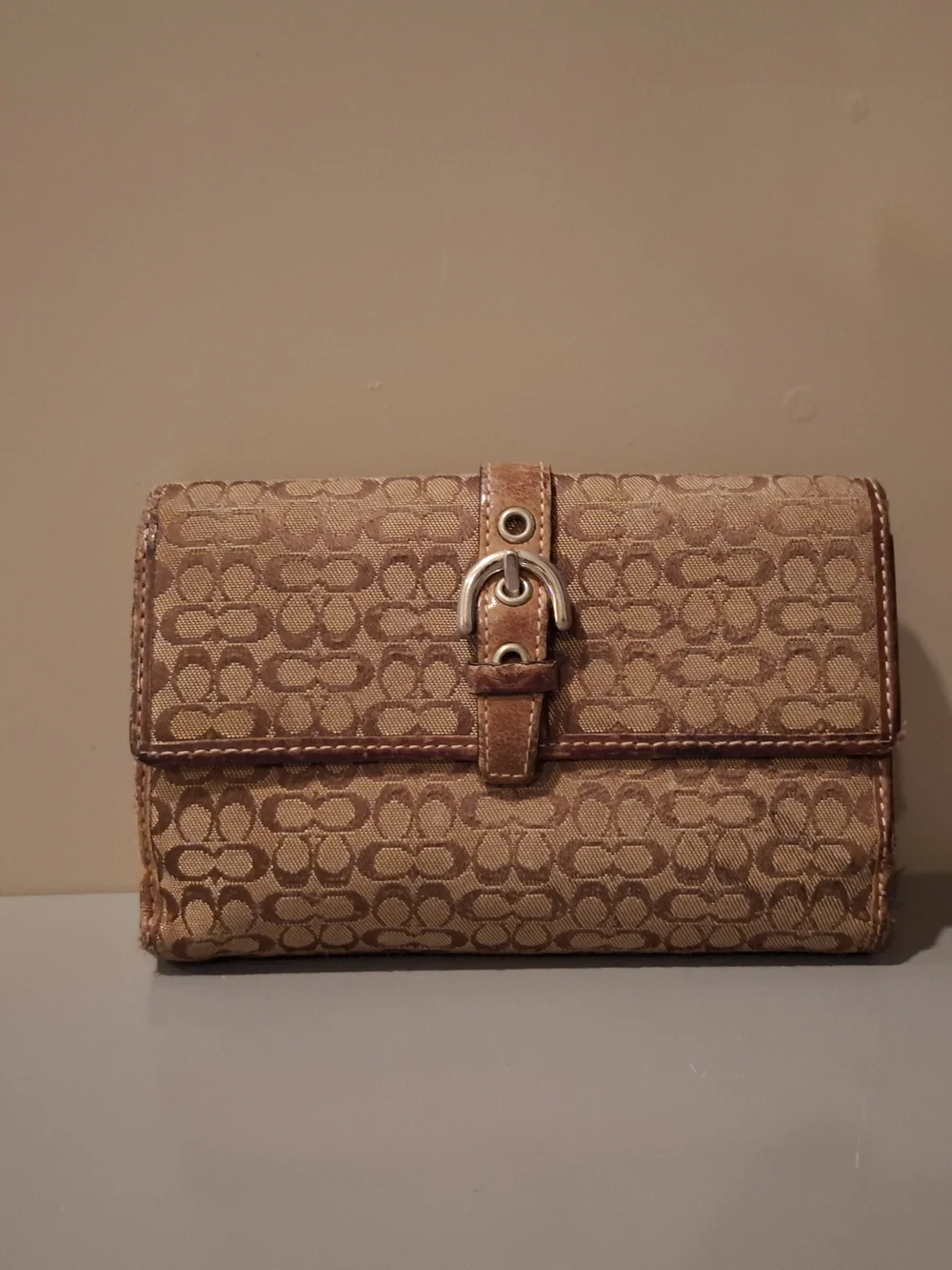 Coach Beige Signature Canvas Wallet with Brown Leather Trim